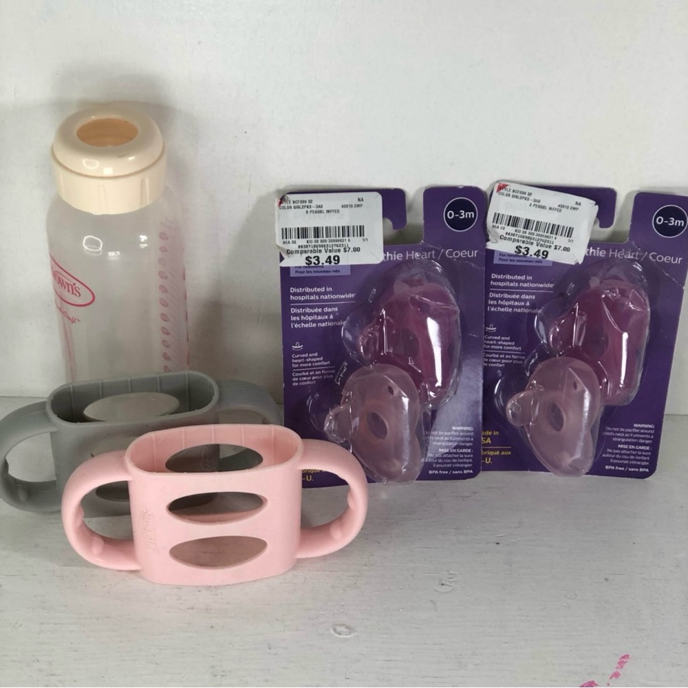 Baby items- Dr Browns bottle handles, 8oz Bottle with cap, 2 pk pacifiers